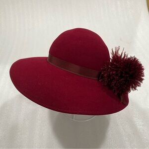 ADOLFO II NY Vintage Excello Wool Hat Feather Plume Women’s Red Derby Med 22”